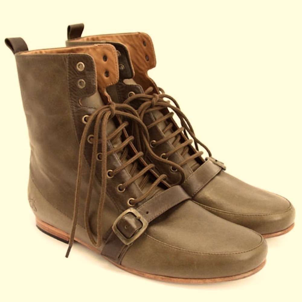 John Fluevog World Abassi Leather Boots Lace Up Toe Strap Accent Green Color 11
